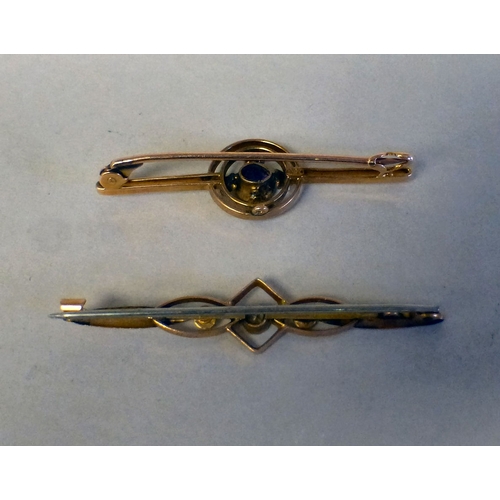 55 - Two yellow metal variously set bar brooches, one stamped 9ct, the other stamped 15ct&nbsp; (approx. ... 