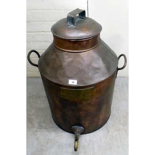 20 - A vintage copper lidded urn&nbsp; bears a plaque 'Wheal Busy SS, DO NOT Remove from Office'&nbsp; 29... 