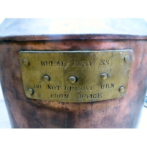 20 - A vintage copper lidded urn&nbsp; bears a plaque 'Wheal Busy SS, DO NOT Remove from Office'&nbsp; 29... 