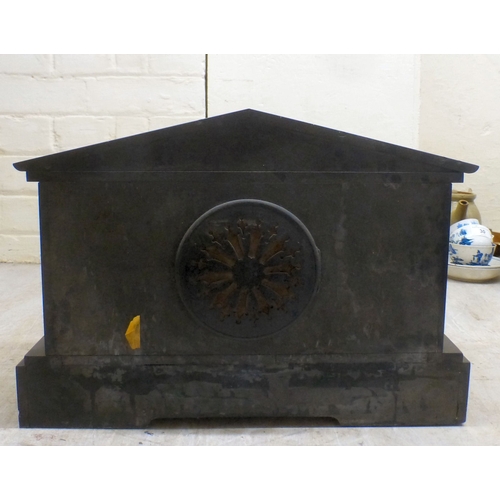 26 - An early 20thC black slate and marble mantel clock of architectural form, on a plinth; the movement ... 