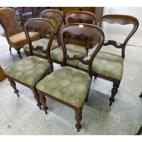 32 - A set of five Victorian and later mahogany balloon back dining chairs, the fabric upholstered seats ... 
