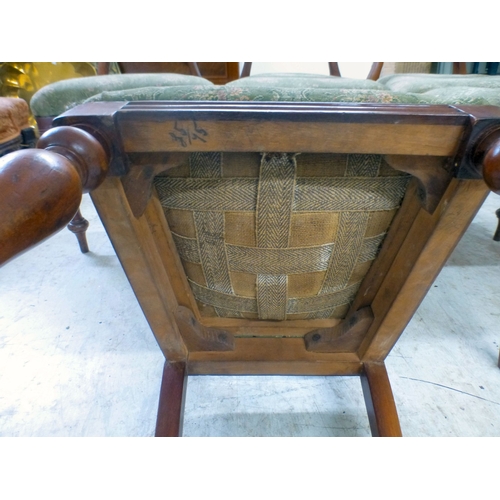 32 - A set of five Victorian and later mahogany balloon back dining chairs, the fabric upholstered seats ... 