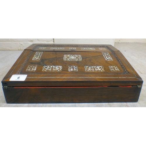 6 - A late 19thC mother-of-pearl inlaid, rosewood veneered writing slope of angled form, enclosing a par... 