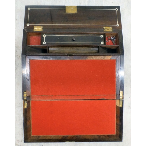 6 - A late 19thC mother-of-pearl inlaid, rosewood veneered writing slope of angled form, enclosing a par... 