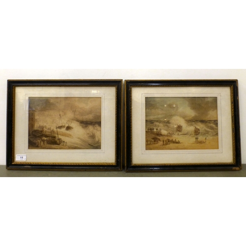 11 - Two maritime shore scenes&nbsp; watercolours&nbsp; each monogramed & dated 'SS 1868'&nbsp; 7.5