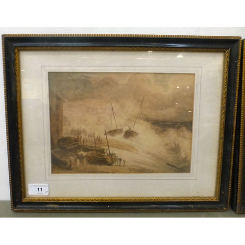 11 - Two maritime shore scenes&nbsp; watercolours&nbsp; each monogramed & dated 'SS 1868'&nbsp; 7.5