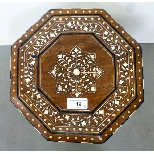19 - An Anglo Indian Hoshiarpur bone inlaid, fruitwood occasional table with an octagonal top, raised on ... 