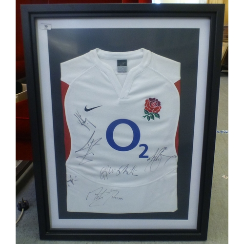 39 - Sporting/rugby interest, viz. an England Rugby strip&nbsp; bearing signatures&nbsp; size Large&nbsp;... 