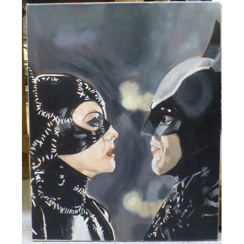 40 - Modern School - a scene from 1992 film 'Batman Returns'  oil on canvas  bears an indistinct signatur... 