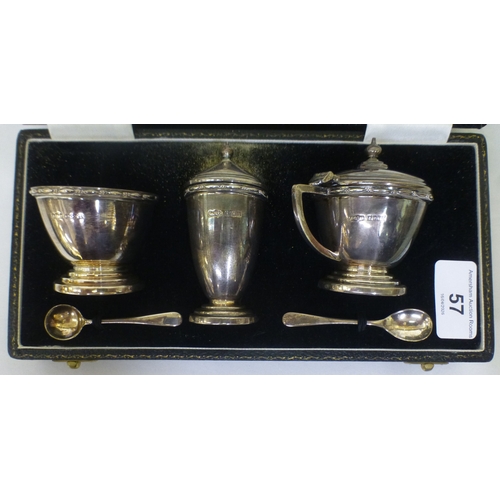 57 - A silver three piece condiments set&nbsp; comprising a mustard pot, a pepper pot and salt&nbsp; Birm... 