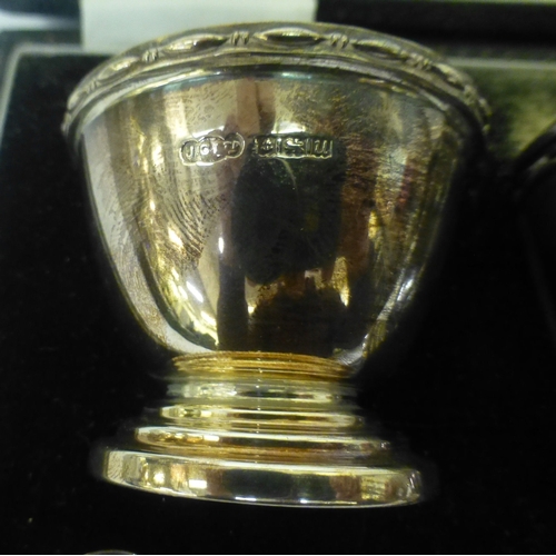 57 - A silver three piece condiments set&nbsp; comprising a mustard pot, a pepper pot and salt&nbsp; Birm... 