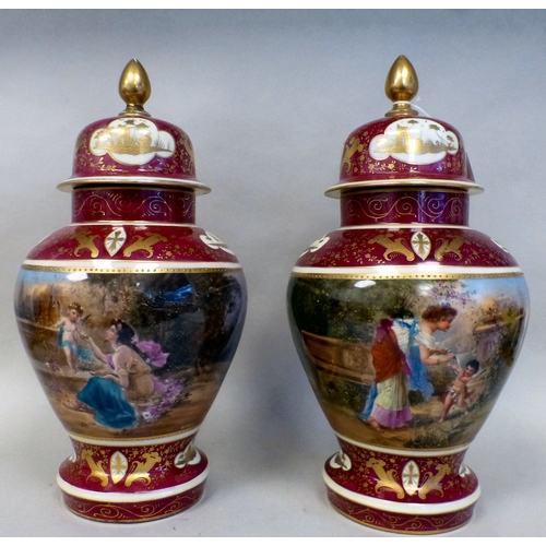 101 - A pair of European lidded vases of bulbous form, each decorated in gilt and red with classical scene... 
