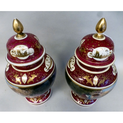 101 - A pair of European lidded vases of bulbous form, each decorated in gilt and red with classical scene... 