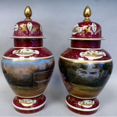 101 - A pair of European lidded vases of bulbous form, each decorated in gilt and red with classical scene... 