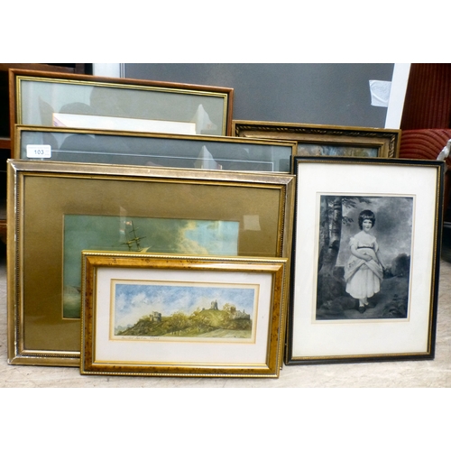 103 - Pictures and prints: to include a street scene  watercolour  bears an indistinct signature & dat... 