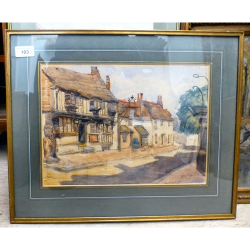 103 - Pictures and prints: to include a street scene  watercolour  bears an indistinct signature & dat... 