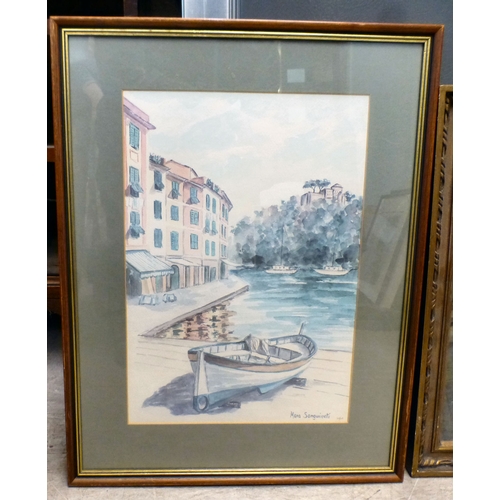 103 - Pictures and prints: to include a street scene  watercolour  bears an indistinct signature & dat... 