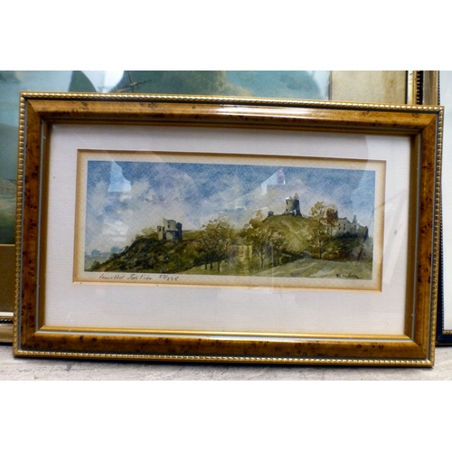 103 - Pictures and prints: to include a street scene  watercolour  bears an indistinct signature & dat... 