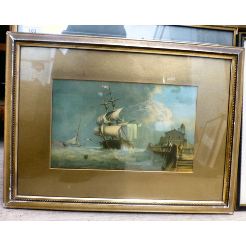 103 - Pictures and prints: to include a street scene  watercolour  bears an indistinct signature & dat... 