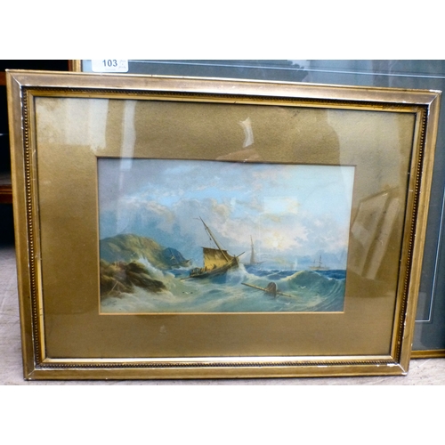 103 - Pictures and prints: to include a street scene  watercolour  bears an indistinct signature & dat... 