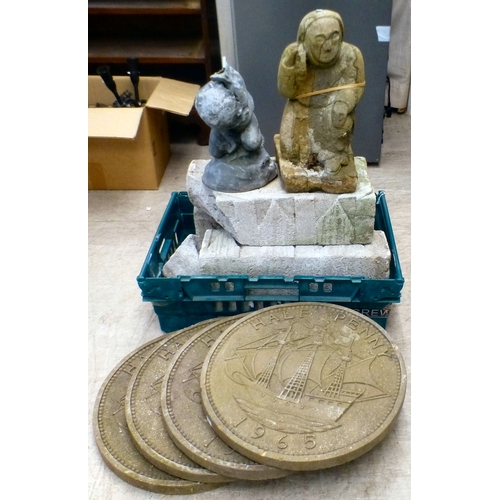 104 - Composition garden ornament: to include four half-penny design slabs  each 16