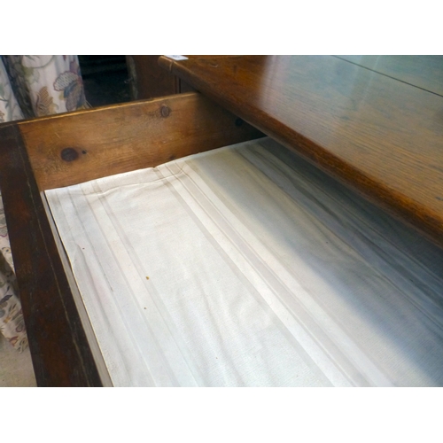 107 - A George III oak single drawer side table, raised on turned and block legs, united by stretchers&nbs... 