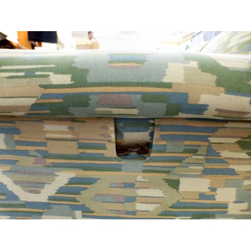 108 - A late Victorian/Edwardian and later fabric upholstered drop-end two person settee, raised on square... 