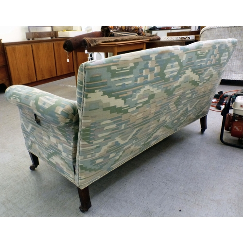 108 - A late Victorian/Edwardian and later fabric upholstered drop-end two person settee, raised on square... 