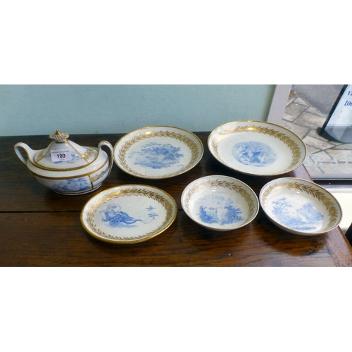 109 - Ceramics, viz. six items of late 18th/early 19thC (possibly Spode) porcelain tableware: to include a... 