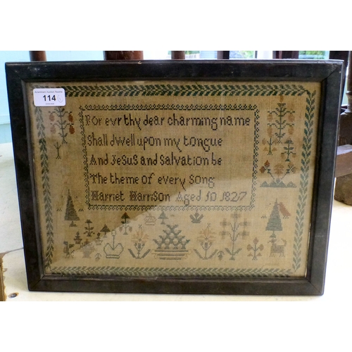 114 - A 19thC sampler by one Harriet Harrison, aged 10&nbsp; bearing verse with a border&nbsp; dated 1827&... 