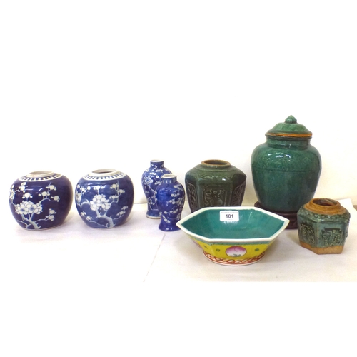 181 - Chinese porcelain: to include an early 20thC bowl of hexagonal form, decorated with geometric motifs... 