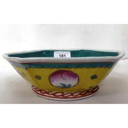 181 - Chinese porcelain: to include an early 20thC bowl of hexagonal form, decorated with geometric motifs... 