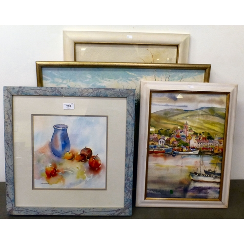 202 - Pictures: to include Greenwood - a still life study of fruit&nbsp; watercolour&nbsp; bears a signatu... 