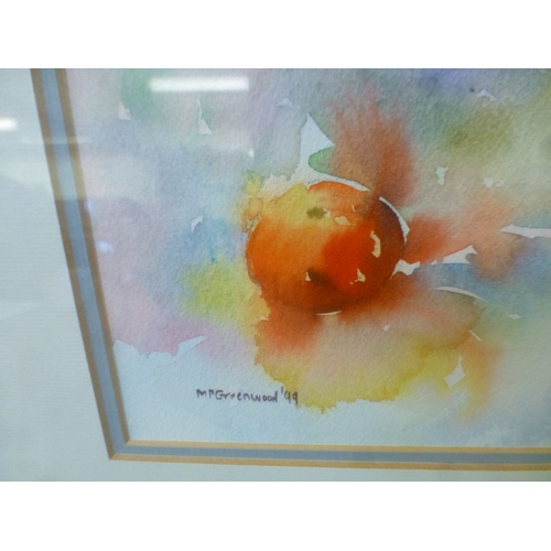 202 - Pictures: to include Greenwood - a still life study of fruit&nbsp; watercolour&nbsp; bears a signatu... 