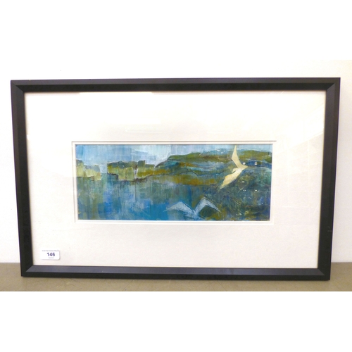 65 - Sally Timms - an abstract coastal study with gulls in flight  mixed media  bears a signature  5.5