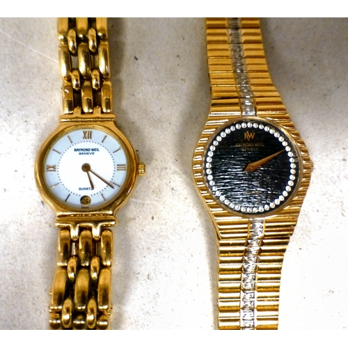 90 - Two ladies Raymond Weil quartz wristwatches, one with a baton and Roman dial with a date aperture