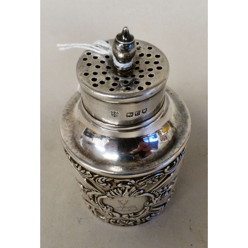 95 - A Victorian silver sugar sifter with whiplash decoration, the cartouche engraved with a stag&nbsp; L... 