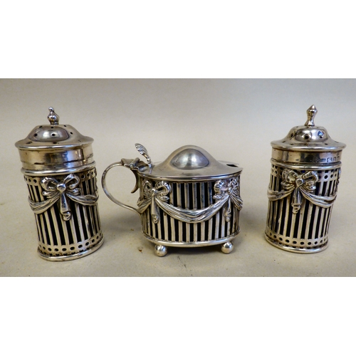 17 - A trio of matched Edwardian influence condiments with blue glass liners&nbsp; mixed assays&nbsp; (ap... 