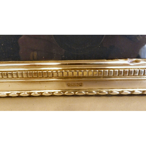 25 - A silver photograph frame with two patterned bordered ornament, on a fabric easel back  4.5