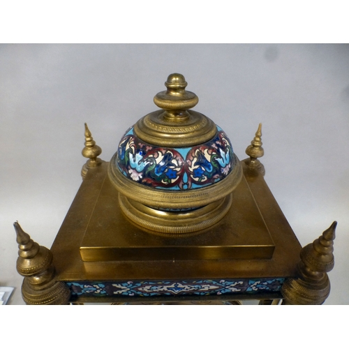 46 - A late 19thC French gilt metal champlev&eacute; enamel four glass mantel clock with a domed top and ... 