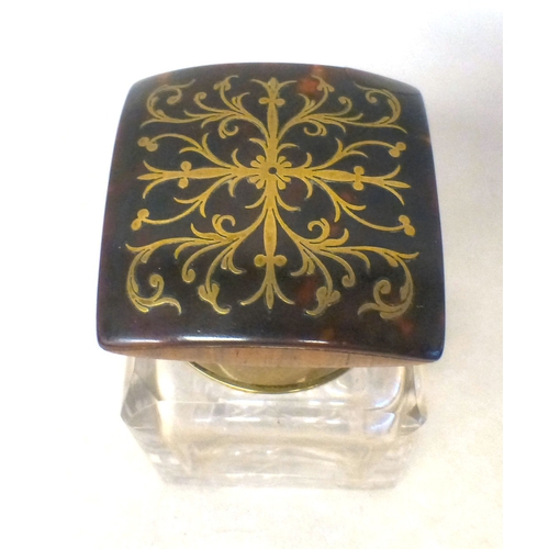 5 - A late 19thC Asprey Boulle deskstand with a glass inkwell, raised on bracket feet&nbsp; 9.5