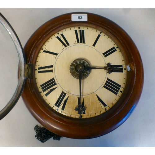 52 - A late 19thC stained beech cased clock; the movement faced by a Roman dial&nbsp; 12