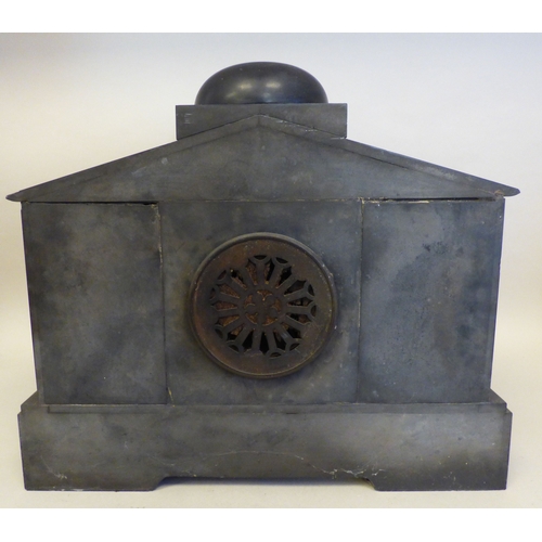 8 - An early 20thC black slate cased mantel clock of architectural form, depicting a Roman battle scene ... 