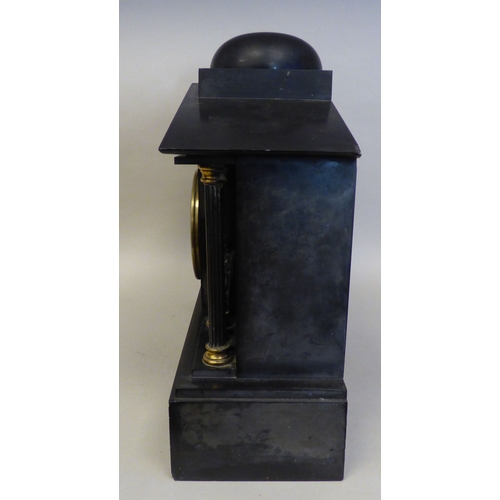8 - An early 20thC black slate cased mantel clock of architectural form, depicting a Roman battle scene ... 