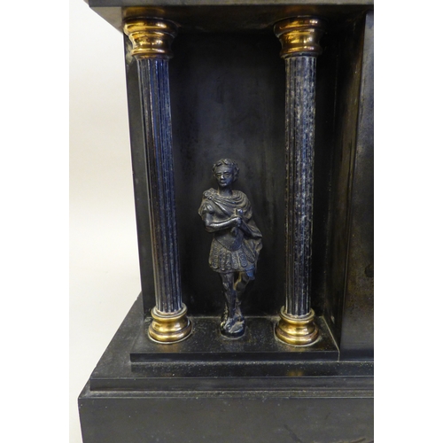 8 - An early 20thC black slate cased mantel clock of architectural form, depicting a Roman battle scene ... 