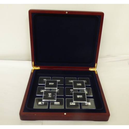 38 - A group of sixteen miniature, silver coloured metal, individually themed ingots