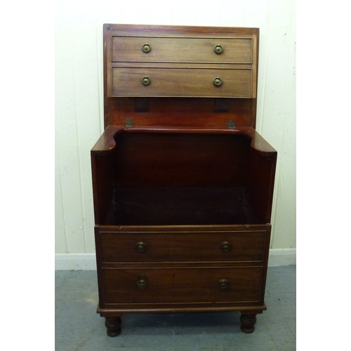 50 - A 19thC mahogany commode chest with a hinged lid and four facsimile front drawers, raised on a plint... 