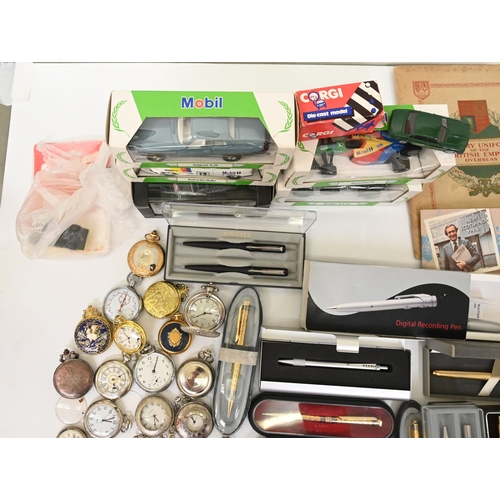 14 - Small collectables: to include modern pocket watches; variously cased pens; diecast model vehicles; ... 