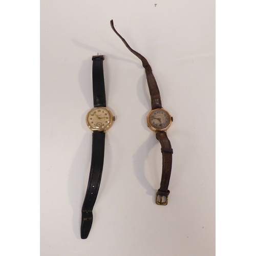 17 - Two early 20thC 9ct gold cased manual wristwatches, each faced by an Arabic dial, on leather straps