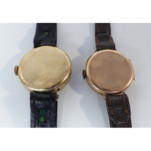 17 - Two early 20thC 9ct gold cased manual wristwatches, each faced by an Arabic dial, on leather straps